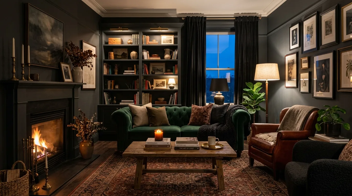 Finish with a living room that feels bold and deeply cozy inspiration for a moody living room.